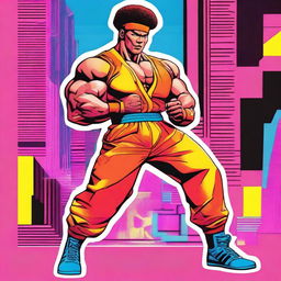 Baki Hanma, the muscular and fierce martial artist, dressed in vibrant 80's clothes