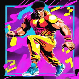 Baki Hanma, the muscular and fierce martial artist, dressed in vibrant 80's clothes