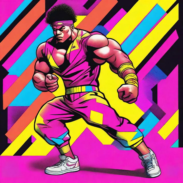 Baki Hanma, the muscular and fierce martial artist, dressed in vibrant 80's clothes