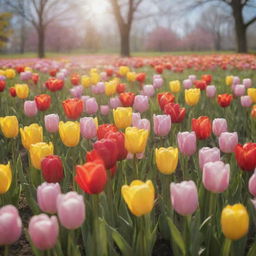 An array of vibrant springtime flowers bursting with colors, including tulips, daffodils, and cherry blossoms, under a soft sunlit sky.