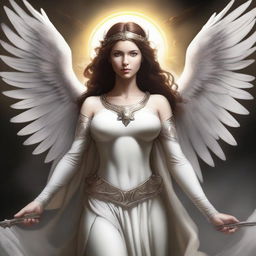 Create a detailed and dramatic illustration of a beautiful archangel girl with a double halo above her head and six wings