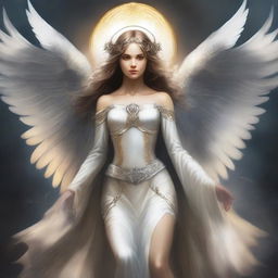 Create a detailed and dramatic illustration of a beautiful archangel girl with a double halo above her head and six wings