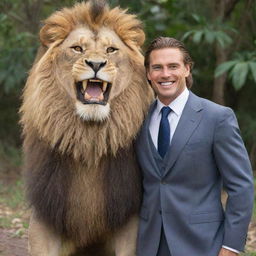 A friendly lion displaying a smile with human-like teeth, standing next to Tarzan who is smartly attired in a suit