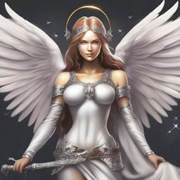 Create a detailed and dramatic illustration of a beautiful archangel girl with a double halo above her head and six wings