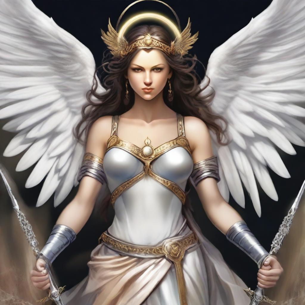 Create a detailed and dramatic illustration of a beautiful archangel girl with a double halo above her head and six wings