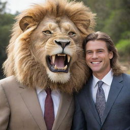 A friendly lion displaying a smile with human-like teeth, standing next to Tarzan who is smartly attired in a suit