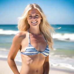 A blonde woman in a bikini standing by the beach