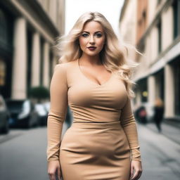 A blonde woman with a curvy figure, wearing fashionable clothing that highlights her features