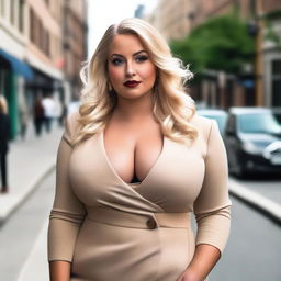 A blonde woman with a curvy figure, wearing fashionable clothing that highlights her features