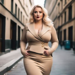 A blonde woman with a curvy figure, wearing fashionable clothing that highlights her features