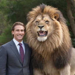 A friendly lion displaying a smile with human-like teeth, standing next to Tarzan who is smartly attired in a suit