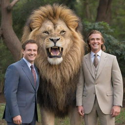 A friendly lion displaying a smile with human-like teeth, standing next to Tarzan who is smartly attired in a suit