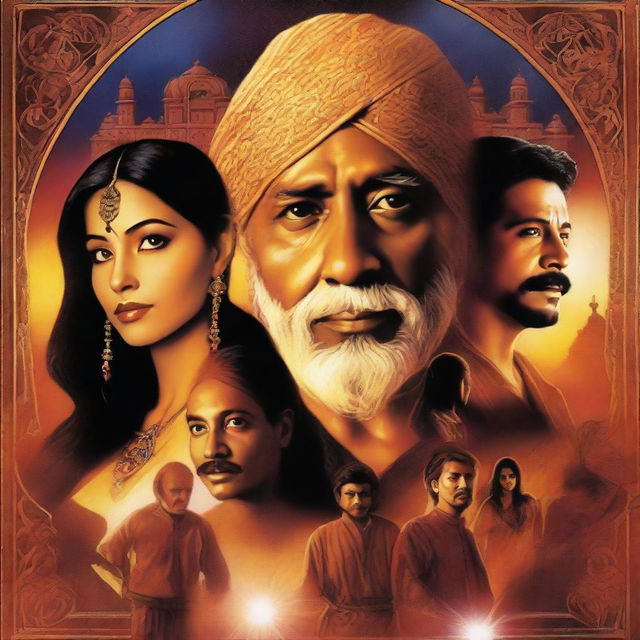 Create a movie poster in the style of Drew Struzan featuring Indian actors