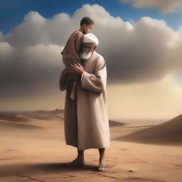 A touching scene depicting a young Muhammad Al-Nani being carried by his grandfather, both of them praying for rain