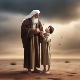 A touching scene depicting a young Muhammad Al-Nani being carried by his grandfather, both of them praying for rain