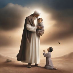 A touching scene depicting a young Muhammad Al-Nani being carried by his grandfather, both of them praying for rain