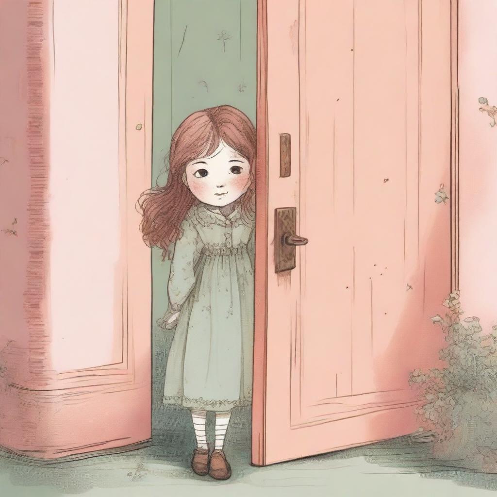 An illustrative book cover featuring a young girl peeping out from behind a slightly ajar door