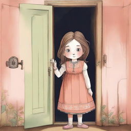 An illustrative book cover featuring a young girl peeping out from behind a slightly ajar door