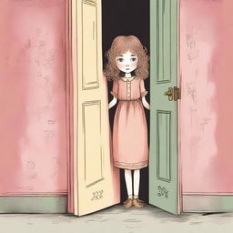 An illustrative book cover featuring a young girl peeping out from behind a slightly ajar door