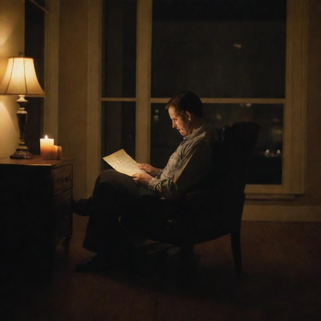 A man reading a handwritten letter, sitting in a chair in front of a window at nighttime, with the room illuminated by candlelight.