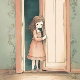 An illustrative book cover featuring a young girl peeping out from behind a slightly ajar door