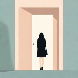 An illustrative book cover featuring a woman peeping out from behind a contemporary door