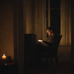 A man reading a handwritten letter, sitting in a chair in front of a window at nighttime, with the room illuminated by candlelight.