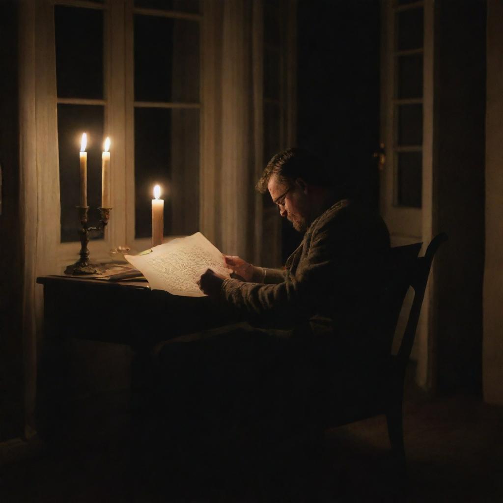 A man reading a handwritten letter, sitting in a chair in front of a window at nighttime, with the room illuminated by candlelight.