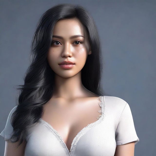 A 25-year-old Indonesian woman with black long hair, a beautiful face and eyes, wearing a ripped shirt