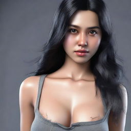 A 25-year-old Indonesian woman with black long hair, a beautiful face and eyes, wearing a ripped shirt