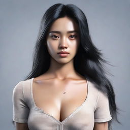 A 25-year-old Indonesian woman with black long hair, a beautiful face and eyes, wearing a ripped shirt