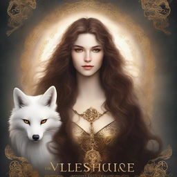 A fantasy book cover featuring a white woman with long, curly brown hair and glowing golden eyes