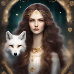 A fantasy book cover featuring a white woman with long, curly brown hair and glowing golden eyes