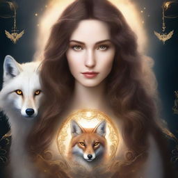 A fantasy book cover featuring a white woman with long, curly brown hair and glowing golden eyes