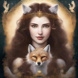 A fantasy book cover featuring a white woman with long, curly brown hair and glowing golden eyes