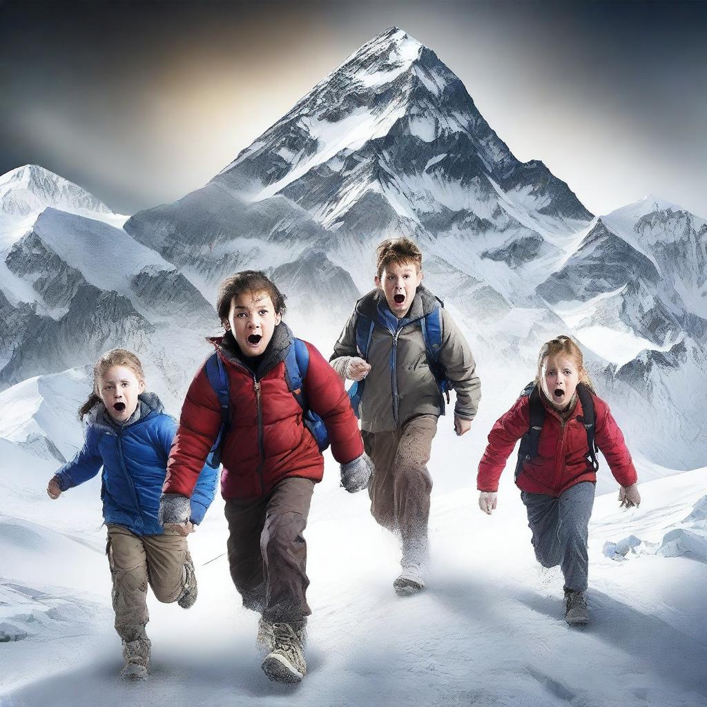 Create a thrilling movie poster featuring a group of kids being chased by zombies up the icy slopes of Mount Everest