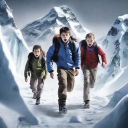 Create a thrilling movie poster featuring a group of kids being chased by zombies up the icy slopes of Mount Everest