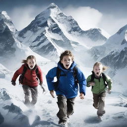 Create a thrilling movie poster featuring a group of kids being chased by zombies up the icy slopes of Mount Everest