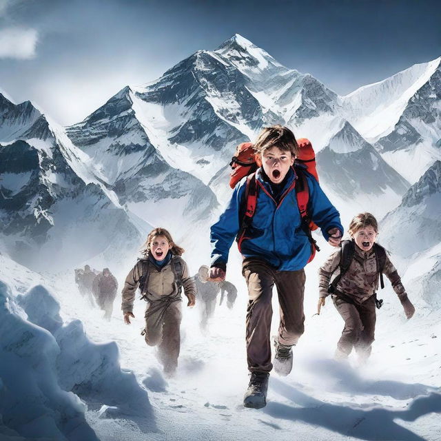 Create a thrilling movie poster featuring a group of kids being chased by zombies up the icy slopes of Mount Everest