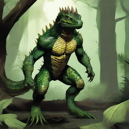 A reptilian creature named Sszintar with scales that are a blend of deep green and earthy brown, blending seamlessly into dense swamps and jungles