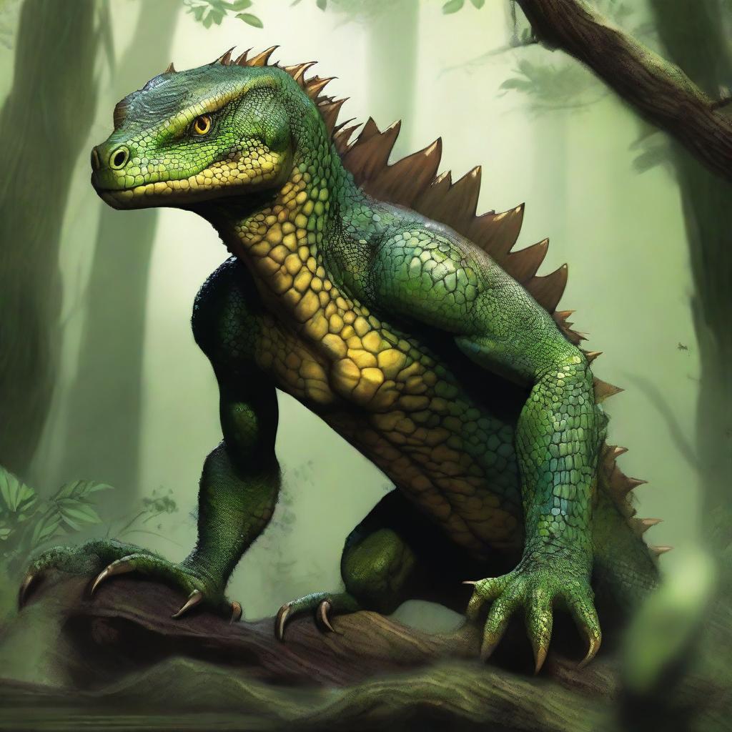 A reptilian creature named Sszintar with scales that are a blend of deep green and earthy brown, blending seamlessly into dense swamps and jungles