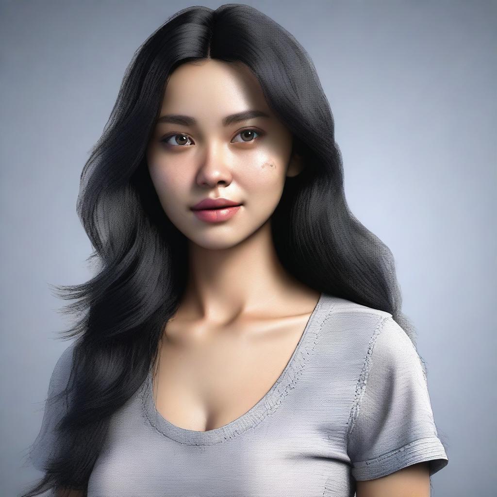 A 25-year-old Indonesian woman with black long hair, a beautiful face and eyes, wearing a ripped shirt