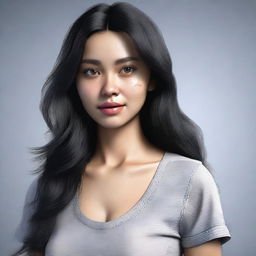 A 25-year-old Indonesian woman with black long hair, a beautiful face and eyes, wearing a ripped shirt