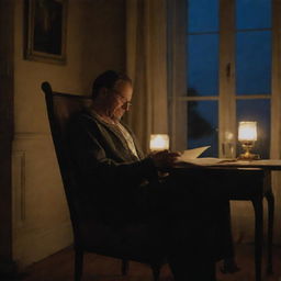 A man reading a handwritten letter, sitting in a chair in front of a window at nighttime, with the room illuminated by candlelight.