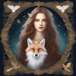 A fantasy book cover featuring a very beautiful white woman with long, curly brown hair and glowing golden eyes