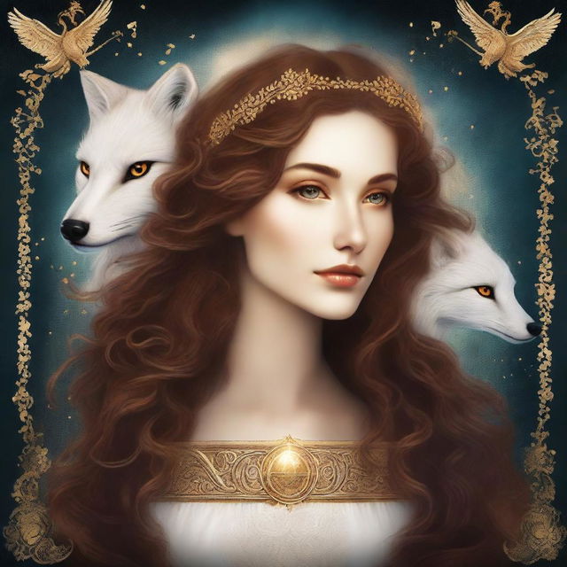 A fantasy book cover featuring a very beautiful white woman with long, curly brown hair and glowing golden eyes