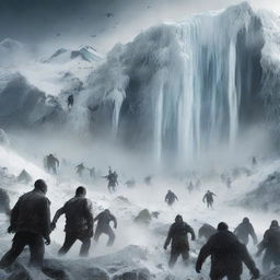 A thrilling movie poster featuring zombies tumbling off a massive avalanche