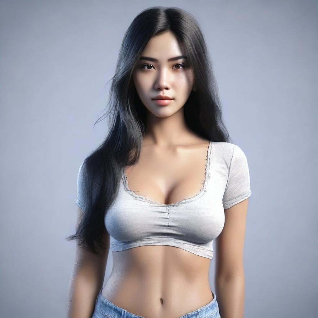 A 25-year-old Indonesian woman with black long hair, a beautiful face and eyes, wearing a ripped shirt