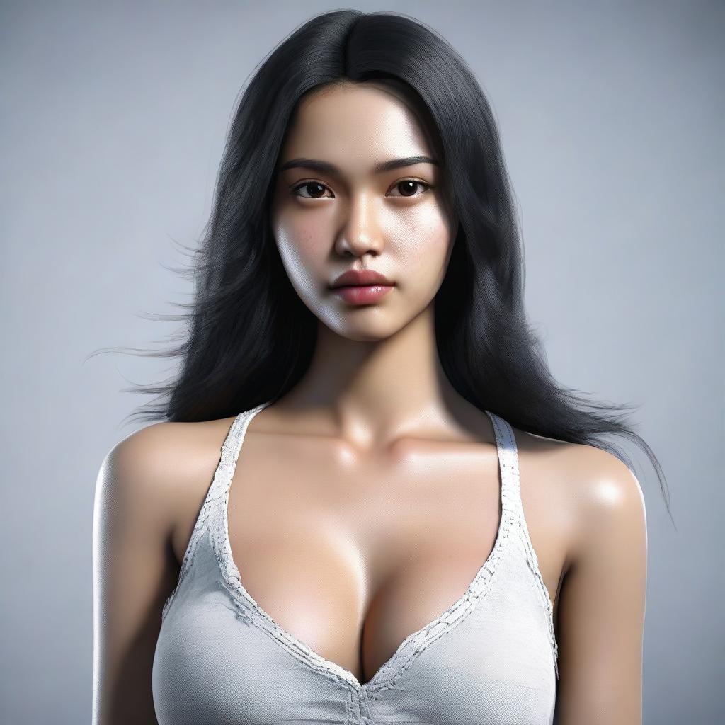 A 25-year-old Indonesian woman with black long hair, a beautiful face and eyes, wearing a ripped shirt