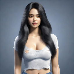 A 25-year-old Indonesian woman with black long hair, a beautiful face and eyes, wearing a ripped shirt